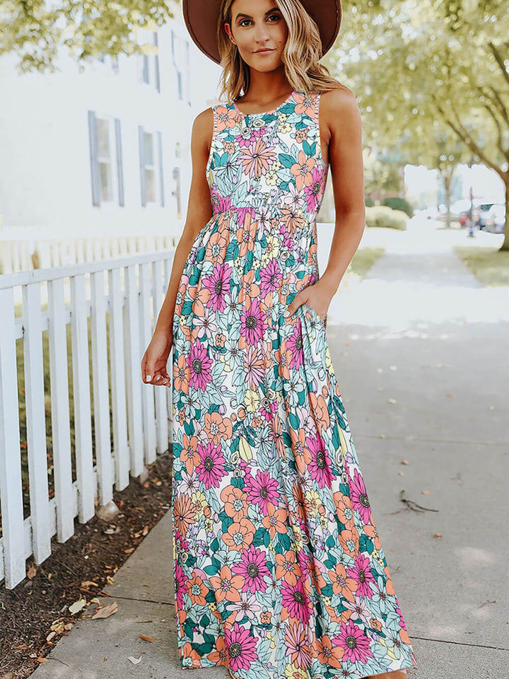 Mouwloze maxi-jurk: Hippie bloemen met hoge taille