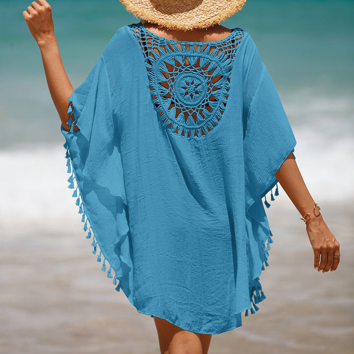 Handgehaakte losse franje zonnebloem strandblouse cover-up