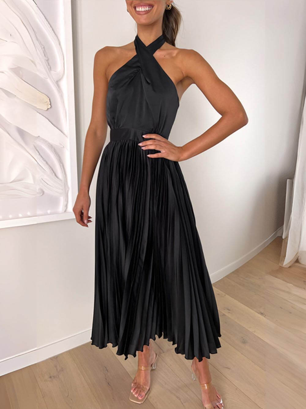 Neckline Pleated Midi Dresses for Holiday Parties