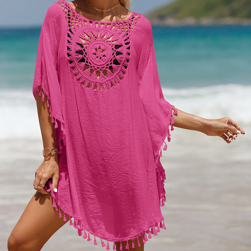 Handgehaakte losse franje zonnebloem strandblouse cover-up