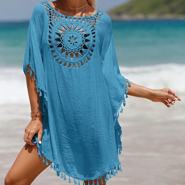 Handgehaakte losse franje zonnebloem strandblouse cover-up