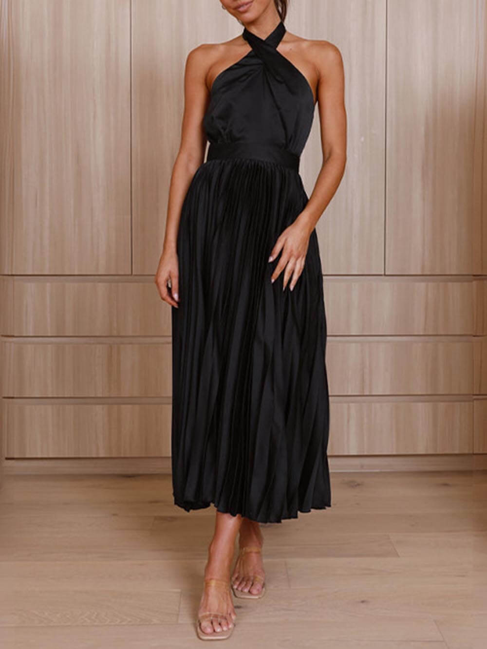 Neckline Pleated Midi Dresses for Holiday Parties