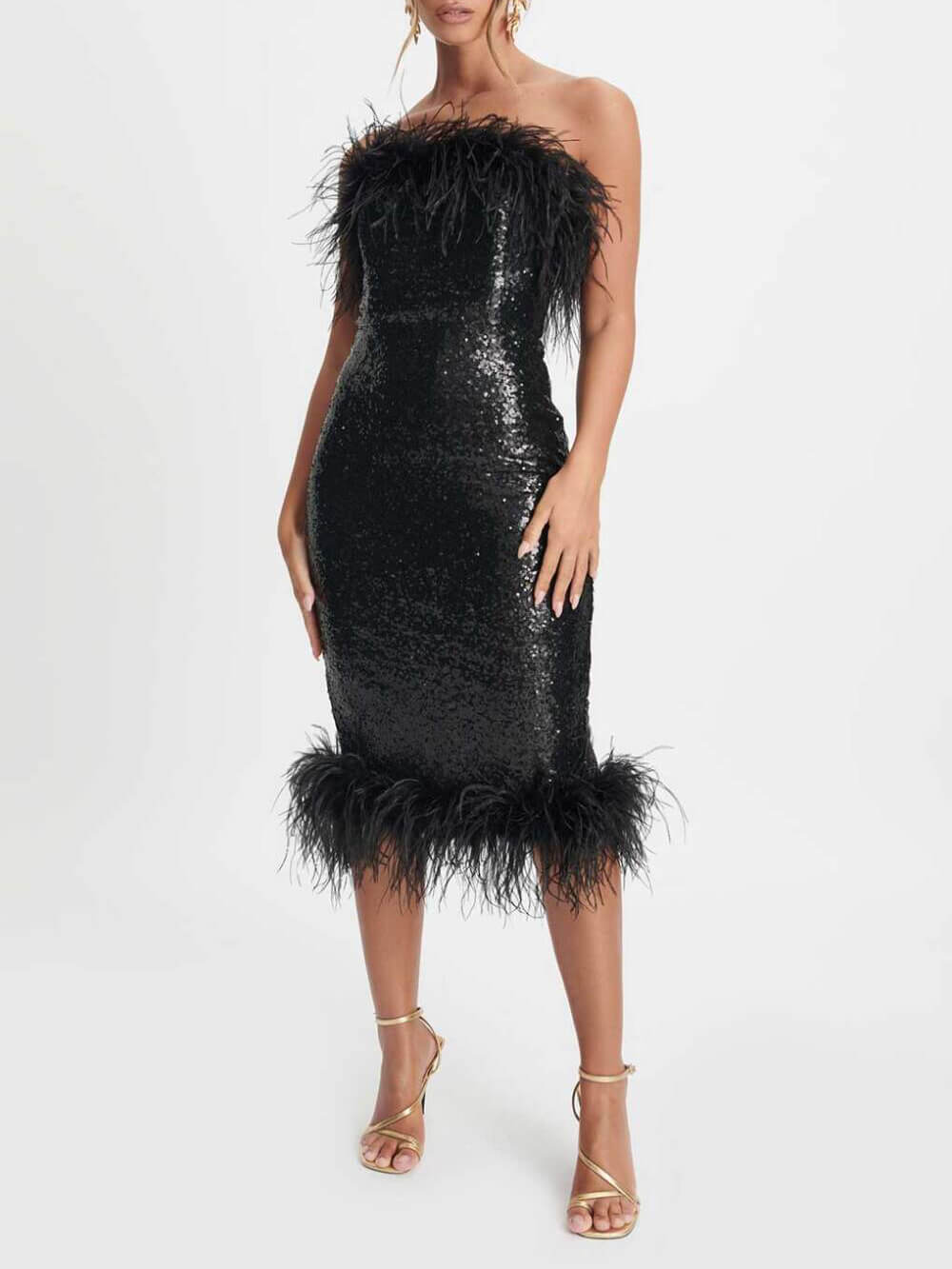 Robe midi bandeau Sophia noire avec sequins et décoration plumes