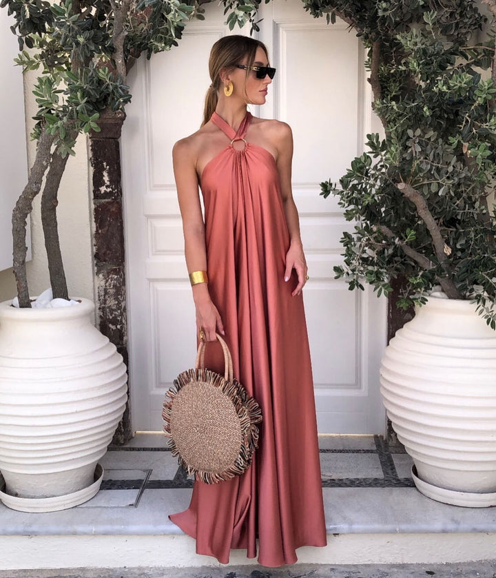 Satin Elegant Maxi Long Dress: Backless Halter Neck