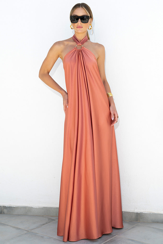 Satin Elegant Maxi Long Dress: Backless Halter Neck