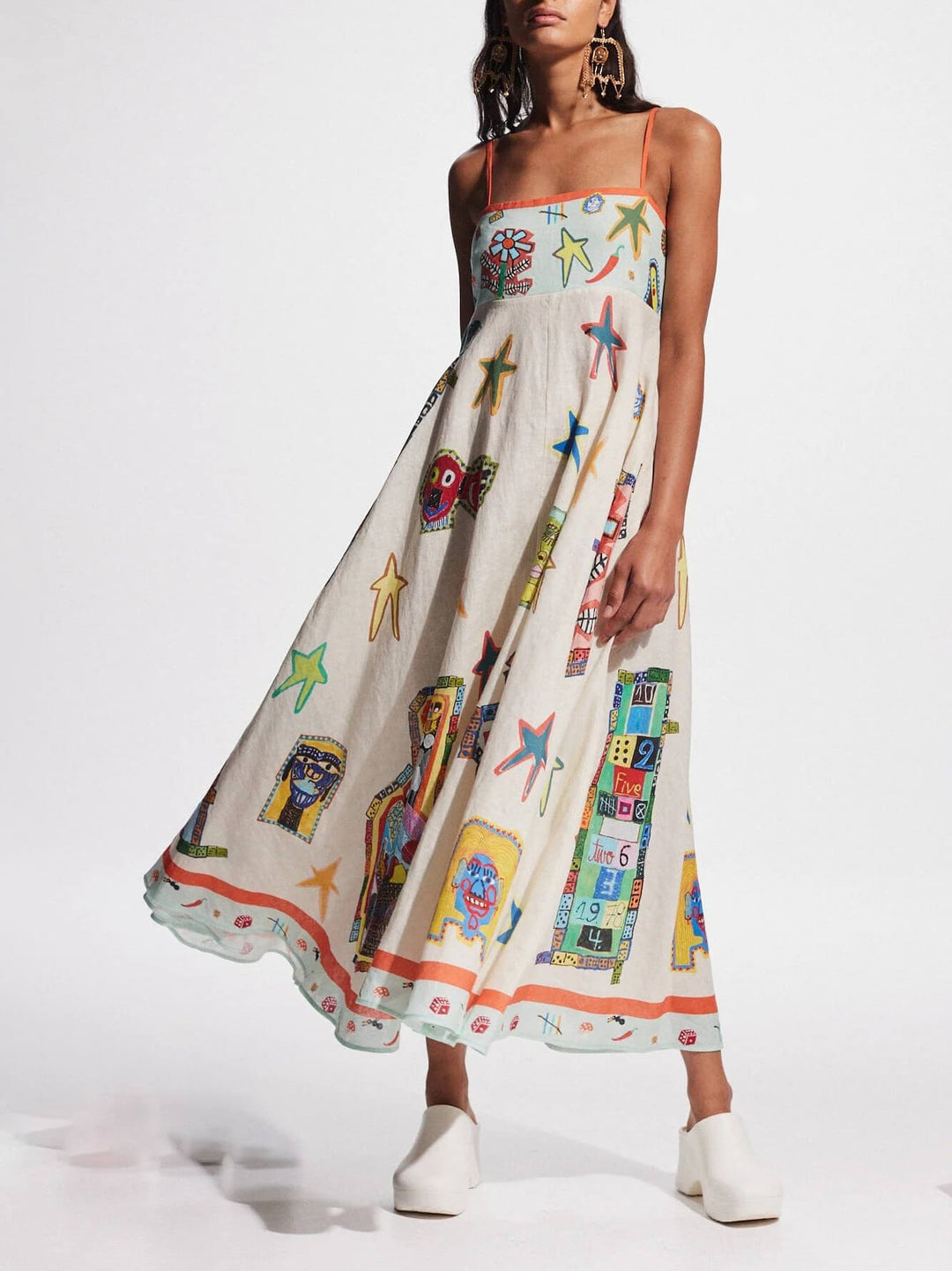 Unieke graffiti print bretels lange swing maxi-jurk