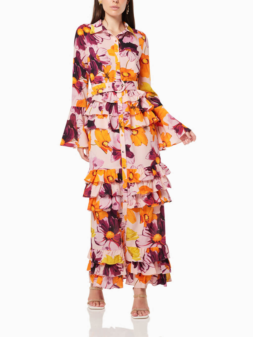 Bloemenprint overhemd ruches cake maxi-jurk