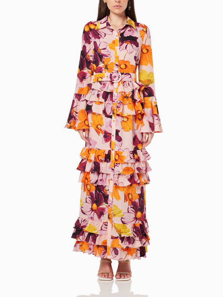 Bloemenprint overhemd ruches cake maxi-jurk