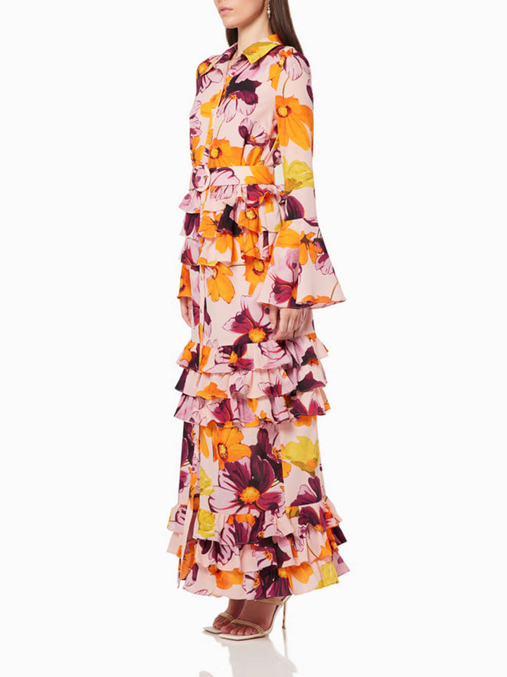 Bloemenprint overhemd ruches cake maxi-jurk