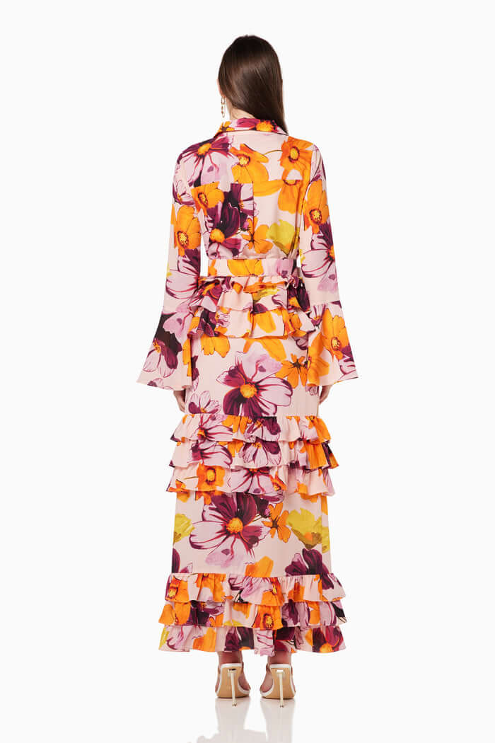 Bloemenprint overhemd ruches cake maxi-jurk