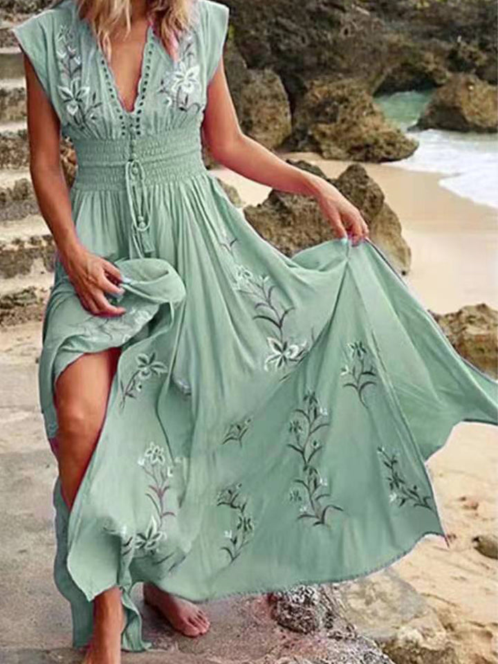 V-neck French Beach Boho Print Dress