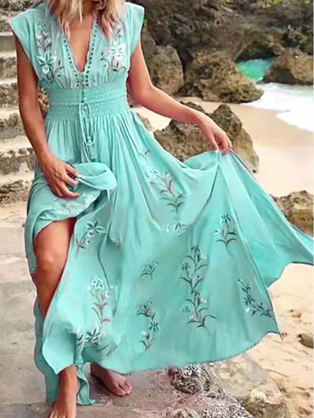 V-neck French Beach Boho Print Dress