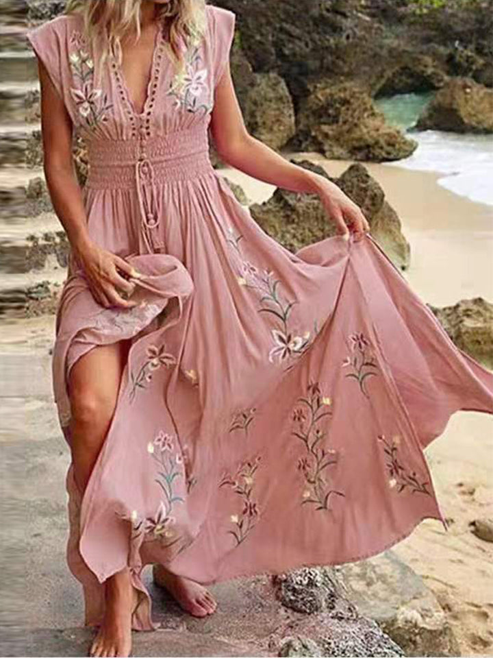 V-neck French Beach Boho Print Dress