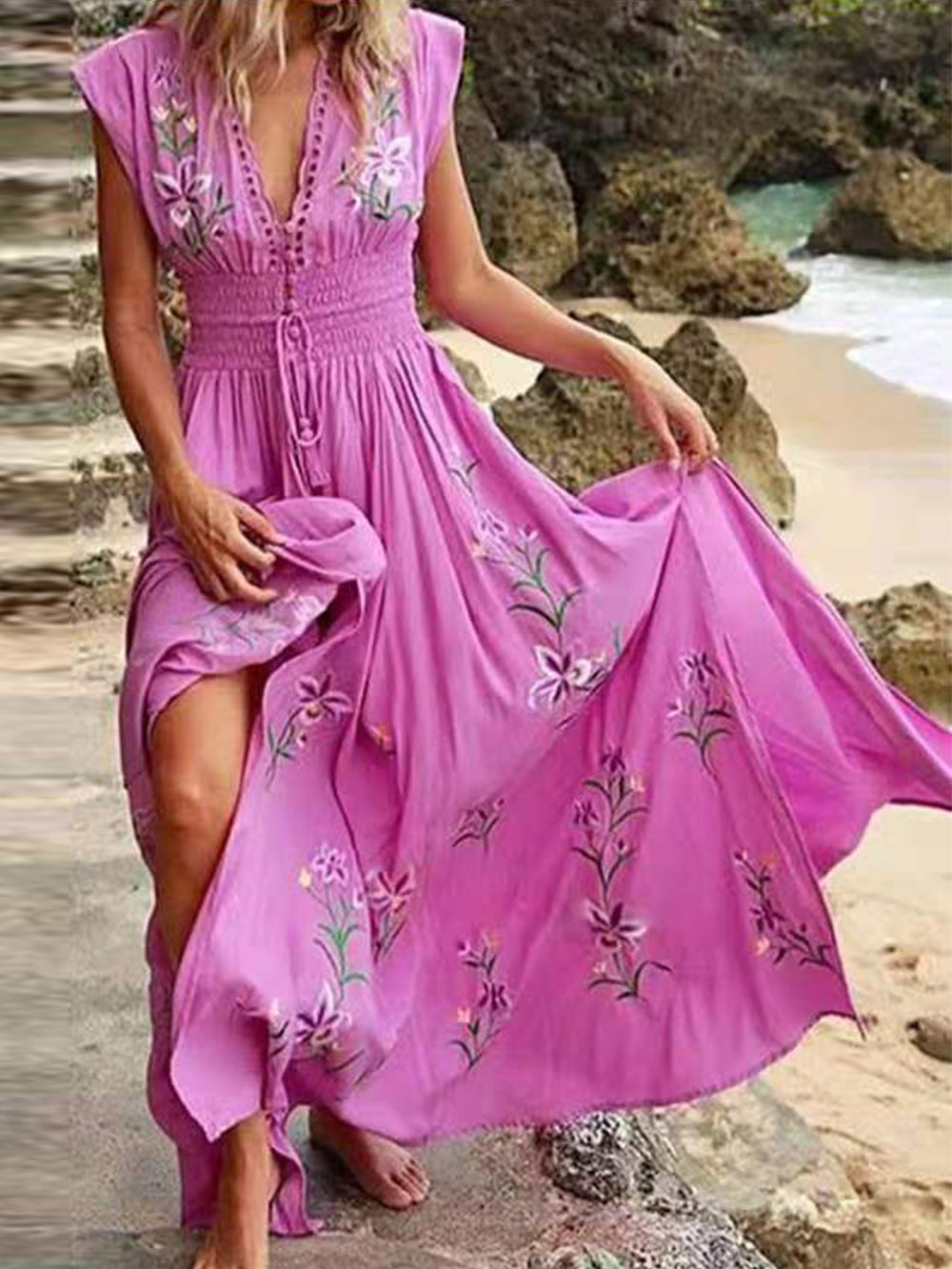 V-neck French Beach Boho Print Dress