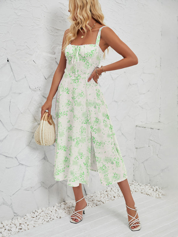 Robe midi d'été sans manches à imprimé floral et fente sur la jambe pour femme